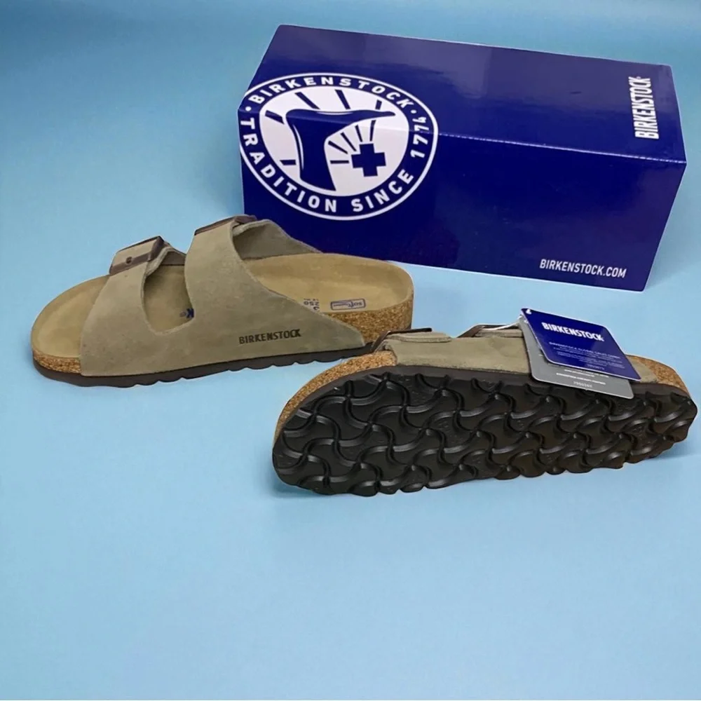 Birkenstock Arizona Suede Double Buckle Sandals taupe comfort sole - Picture 2 of 8